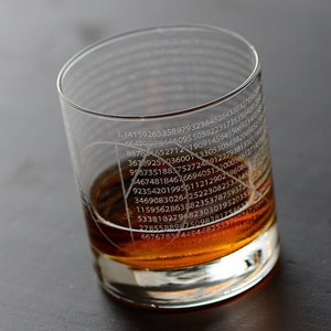 May include: A clear glass tumbler with a brown liquid inside. The glass is etched with a pattern of numbers and symbols, including the number pi.