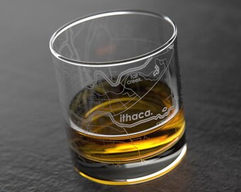 Ithaca, NY City Map Rocks Glass | Engraved Whiskey Glass (11oz) | Etched Bourbon Glasses | New House Warming Gift | Gifts for Him