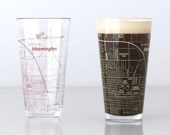 Bloomington IN Map Pint Glass Pair - Cream & Red