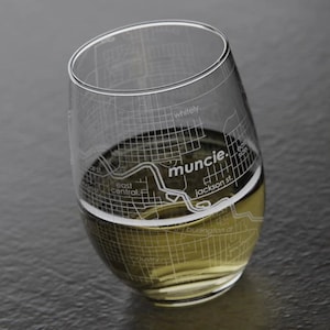 May include: A clear glass wine glass with a design of the Muncie, Indiana city map etched into the side. The glass is filled with a light-colored beverage.