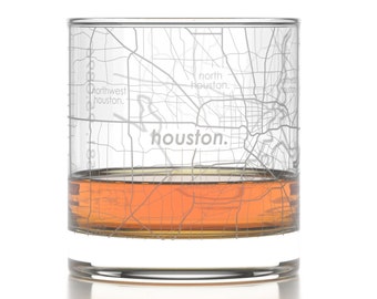 Houston City Map Rocks Glass | Engraved Whiskey Glass (11oz) | Etched Bourbon Glasses | Housewarming Gift | Gifts for Him  | Urban Map Glass