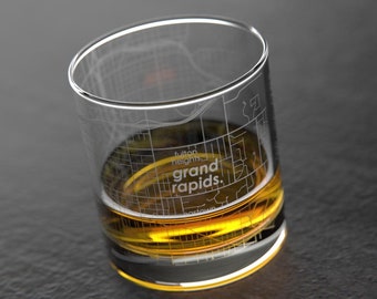 Grand Rapids, MI City Map Rocks Glass | Engraved Whiskey Glass (11oz) | Etched Bourbon Glasses | Housewarming Gift | Gifts for Him