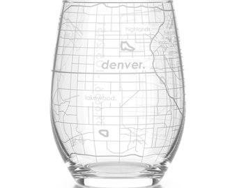 Denver Map Stemless Wine Glass | Engraved Wine Glass (15oz) | Etched Wine Glasses| Urban Map Glass | Birthday Gift