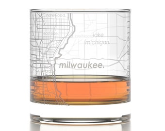 Milwaukee Wisconsin City Map Rocks Glass | Engraved Whiskey Glass (11oz) | Etched Bourbon Glasses | New House Warming Gift | Gifts for Him