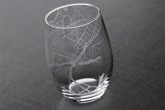 Madison WI Map Stemless Wine Glass | Engraved Wine Glass (15oz) | Etched Wine Glasses| Urban Map Glass | Birthday Gift