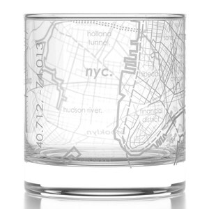 New York City Map Rocks Glass Engraved Whiskey Glass 11oz Etched Bourbon Glasses New Apartment Gift Gift for Him Urban Map Glass image 2