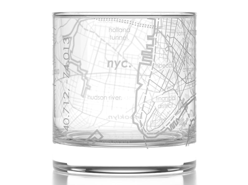 New York City Map Rocks Glass Engraved Whiskey Glass 11oz Etched Bourbon Glasses New Apartment Gift Gift for Him Urban Map Glass image 2