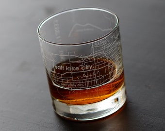 Salt Lake City Map Rocks Glass | Engraved Whiskey Glass (11oz) | Etched Bourbon Glasses | Housewarming Gift | Gifts for Him