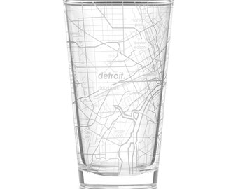 Detroit Map Pint Glass | Engraved Beer Glass (16oz) | Etched Drinking Glasses | Gifts for Him | Birthday Gift | Map of Detroit