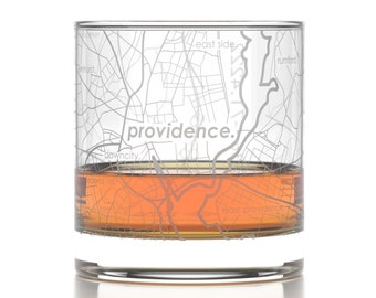 Providence City Map Rocks Glass | Engraved Whiskey Glass (11oz) | Etched Bourbon Glasses | New House Warming Gift | Gifts for Him