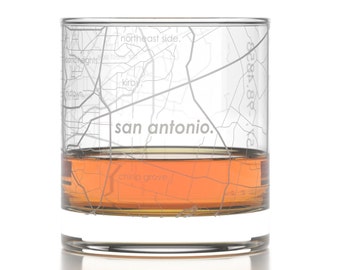 San Antonio City Map Rocks Glass | Engraved Whiskey Glass (11oz) | Etched Bourbon Glasses | New House Warming Gift | Gifts for Him