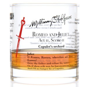 Romeo and Juliet Literature Rocks Glass Bourbon Whiskey Glass 11oz Shakespeare Gifts Gifts For Her Booklover Gift Teacher Gift image 2