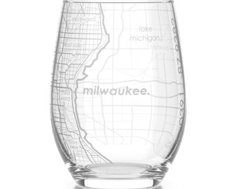 Milwaukee Map Stemless Wine Glass | Engraved Wine Glass (15oz) | Etched Wine Glasses | Bridesmaid Gift | Gift For Her
