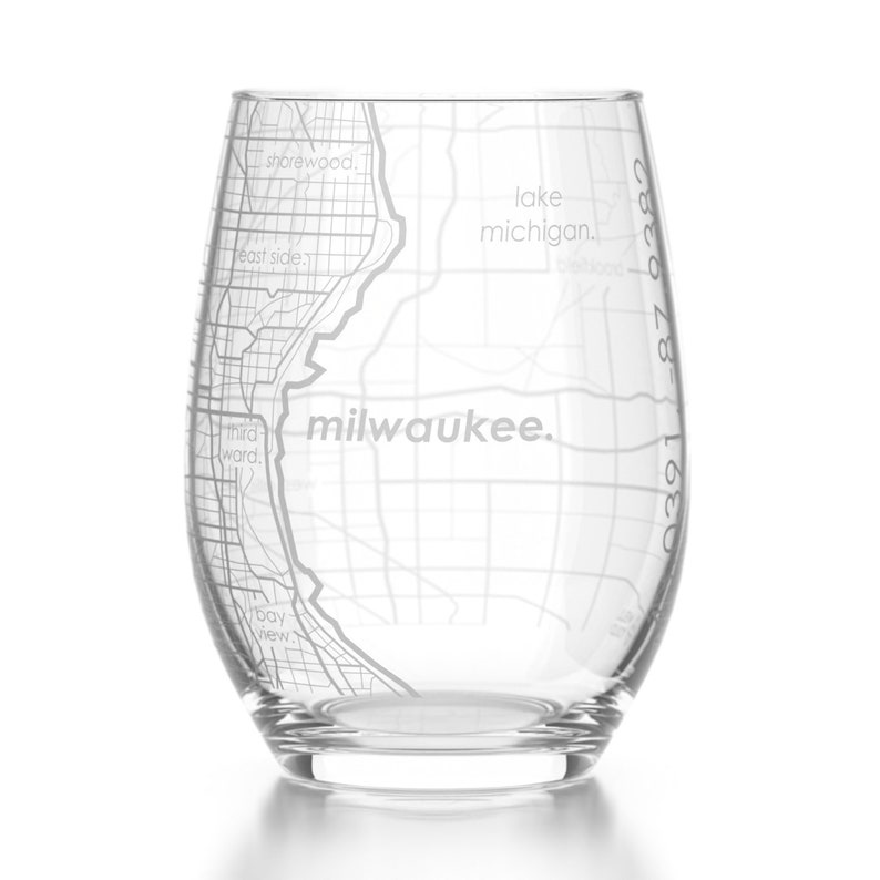 Milwaukee Map Stemless Wine Glass Engraved Wine Glass 15oz Etched Wine Glasses Bridesmaid Gift Gift For Her image 1