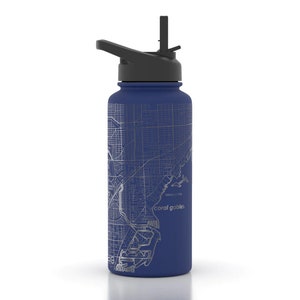 Custom City Map 32 oz Insulated Water Bottle Any City / Town Personalized Custom Engraved Water Bottle w Lid Travel Gifts Midnight Blue