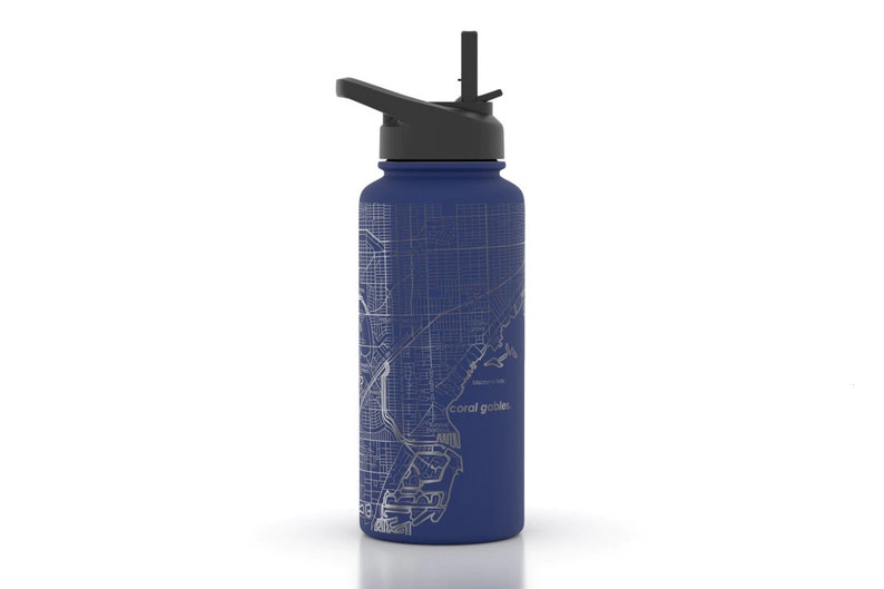 Custom City Map 32 oz Insulated Water Bottle Any City / Town Personalized Custom Engraved Water Bottle w Lid Travel Gifts Midnight Blue