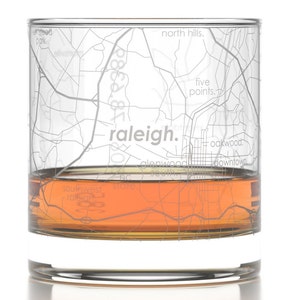 Raleigh City Map Rocks Glass Engraved Whiskey Glass 11oz Etched Bourbon Glasses Housewarming Gift Gifts for Him Urban Map Glass image 1