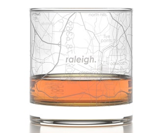 Raleigh City Map Rocks Glass | Engraved Whiskey Glass (11oz) | Etched Bourbon Glasses | Housewarming Gift | Gifts for Him  | Urban Map Glass