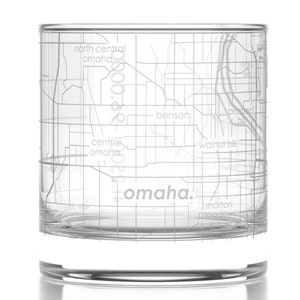 Omaha City Map Rocks Glass Engraved Whiskey Glass 11oz Etched Bourbon Glasses Housewarming Gift Gifts for Him Urban Map Glass image 1