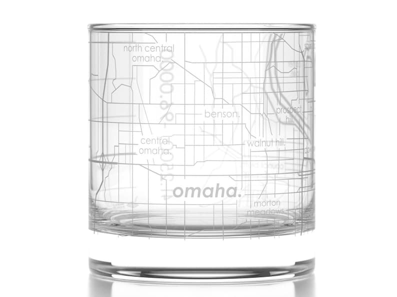 Omaha City Map Rocks Glass Engraved Whiskey Glass 11oz Etched Bourbon Glasses Housewarming Gift Gifts for Him Urban Map Glass image 1