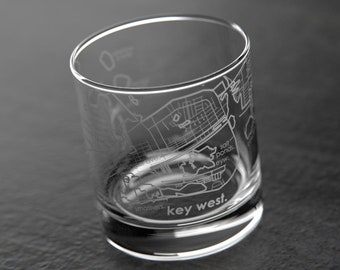 Key West, FL City Map Rocks Glass | Engraved Whiskey Glass (11oz) | Etched Bourbon Glasses | New House Warming Gift | Gifts for Him