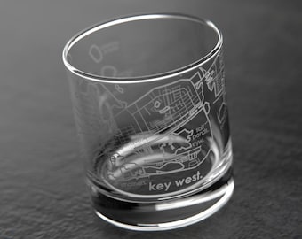 Key West, FL City Map Rocks Glass | Engraved Whiskey Glass (11oz) | Etched Bourbon Glasses | New House Warming Gift | Gifts for Him