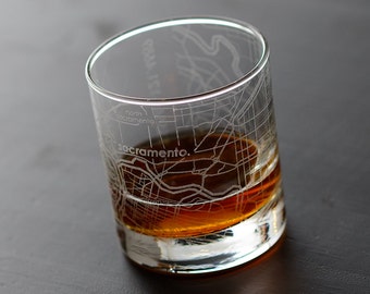 Sacramento City Map Rocks Glass | Engraved Whiskey Glass (11oz) | Etched Bourbon Glasses | New House Warming Gift | Gifts for Him