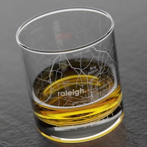 Raleigh City Map Rocks Glass Engraved Whiskey Glass 11oz Etched Bourbon Glasses Housewarming Gift Gifts for Him Urban Map Glass image 3