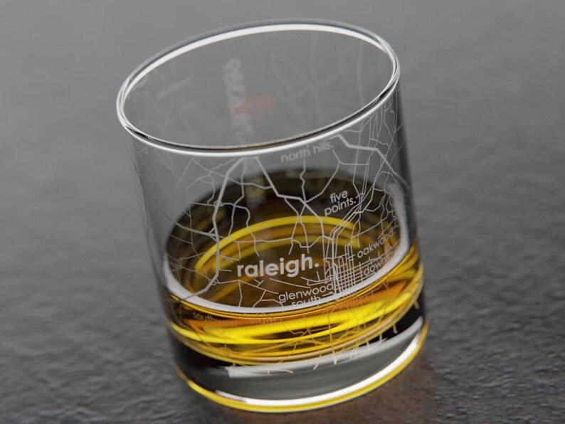 Raleigh City Map Rocks Glass Engraved Whiskey Glass 11oz Etched Bourbon Glasses Housewarming Gift Gifts for Him Urban Map Glass image 3