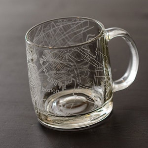 Boston Map Coffee Mug | Engraved Glass Mug (13oz) | Etched Tea Cup | Boston Gift | Boston Massachusetts Map Gift | Boston Skyline Coffee Mug