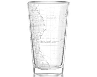 Milwaukee Map Pint Glass | Engraved Beer Glass (16oz) | Etched Drinking Glasses | Gifts for Him | Birthday Gift | City Map Gift