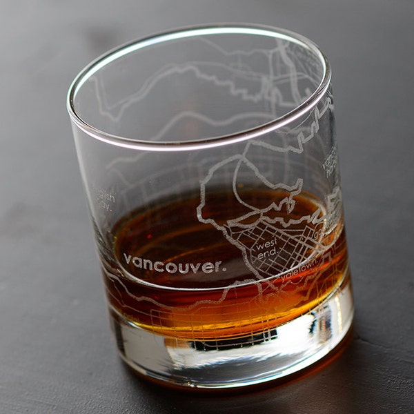 Vancouver City Map Rocks Glass | Engraved Whiskey Glass (11oz) | Etched Bourbon Glasses | New House Warming Gift | Gifts for Him