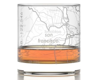 San Francisco City Map Rocks Glass | Engraved Whiskey Glass (11oz) | Etched Bourbon Glasses | New House Warming Gift | Gifts for Him