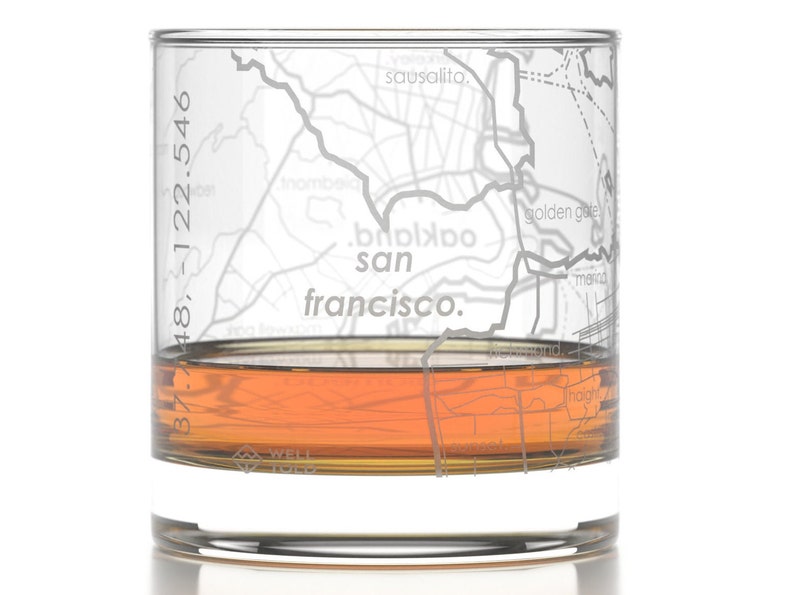 San Francisco City Map Rocks Glass Engraved Whiskey Glass 11oz Etched Bourbon Glasses New House Warming Gift Gifts for Him image 1
