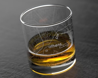 Athens, GA City Map Rocks Glass | Engraved Whiskey Glass (11oz) | Etched Bourbon Glasses | New House Warming Gift | Gifts for Him