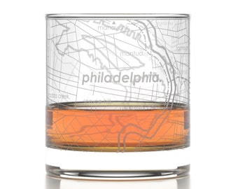 Philadelphia City Map Rocks Glass | Engraved Whiskey Glass (11oz) | Etched Bourbon Glasses | New House Warming Gift | Philly Urban Map Glass