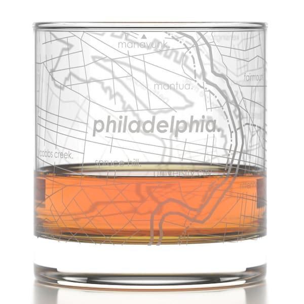 Philadelphia City Map Rocks Glass | Engraved Whiskey Glass (11oz) | Etched Bourbon Glasses | New House Warming Gift | Philly Urban Map Glass