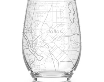 Dallas Map Stemless Wine Glass | Engraved Wine Glass (15oz) | Etched Wine Glasses| Urban Map Glass | Birthday Gift