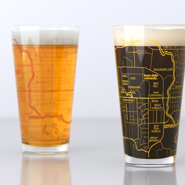 Ames IA Map Pint Glass Pair - Red & Gold