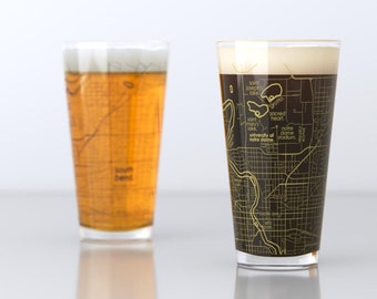 South Bend IN Map Pint Glass Pair - Blue & Gold