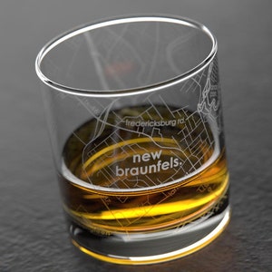 New Braunfels Texas City Map Rocks Glass | Engraved Whiskey Glass (11oz) | Etched Bourbon Glasses | New House Warming Gift | Gifts for Him