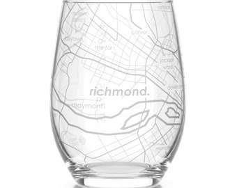 Richmond Street Map Stemless Wine Glass | Engraved Wine Glass (15oz) | Etched Wine Glass | Bridesmaid Gift | Gift For Her