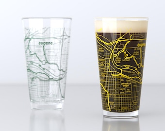 Eugene OR Map Pint Glass Pair - Green & Yellow