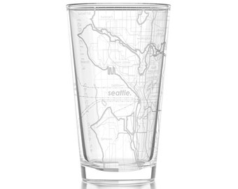 Seattle Map Pint Glass | Engraved Beer Glass (16oz) | Etched Drinking Glasses | Gifts for Him | Birthday Gift | Map of Seattle