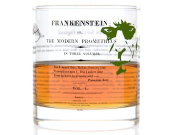 Frankenstein Literature Rocks Glass | Bourbon Whiskey Glass (11oz) | Halloween Gifts | Booklover Gift | Gifts for Readers | Literary Gifts