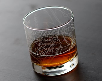 Montreal City Map Rocks Glass | Engraved Whiskey Glass (11oz) | Etched Scotch Glasses | Housewarming Gift | Gifts for Him  | Urban Map Glass