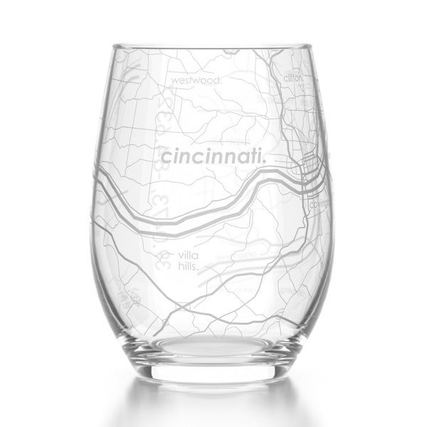 Cincinnati Map Stemless Wine Glass | Engraved Wine Glass (15oz) | Etched Wine Glasses | Housewarming Gift | Moving Gift