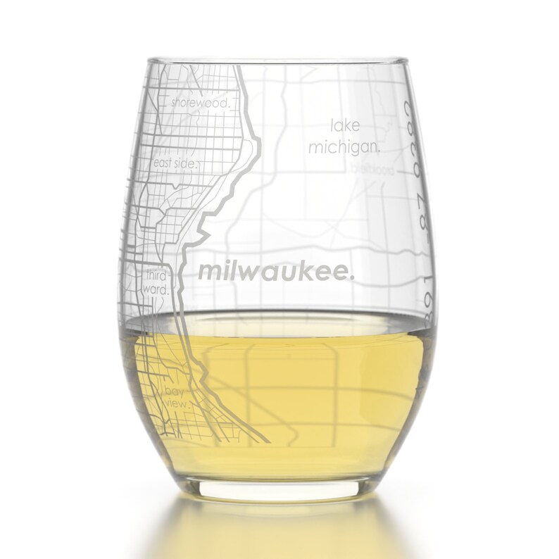 Milwaukee Map Stemless Wine Glass Engraved Wine Glass 15oz Etched Wine Glasses Bridesmaid Gift Gift For Her image 2