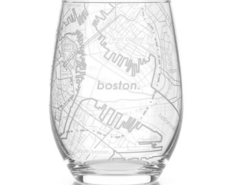 Boston Map Stemless Wine Glass | Engraved Wine Glass (15oz) | Etched Wine Glasses | Housewarming Gift | Moving Gift