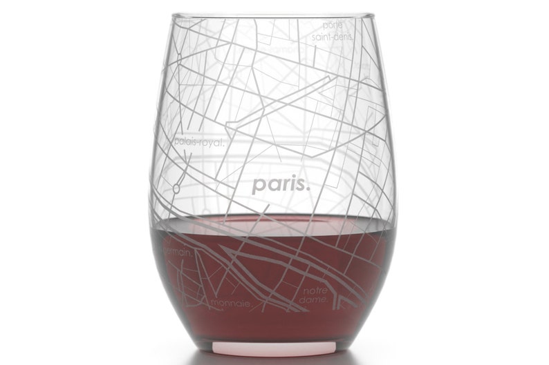 Paris Map Stemless Wine Glass Engraved Wine Glass 15oz Etched Wine Glasses Bridesmaid Gift Gift For Her image 1